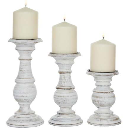 Set of 3 White Wood Candleholders 6/8/10"H