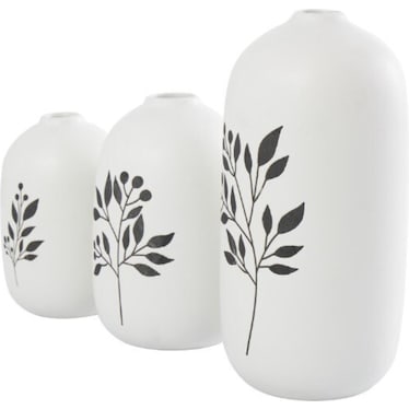 Set of 3 White and Black Leaf Ceramic Vases 6/7/10"H