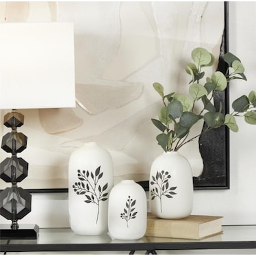 Set of 3 White and Black Leaf Ceramic Vases 6/7/10"H