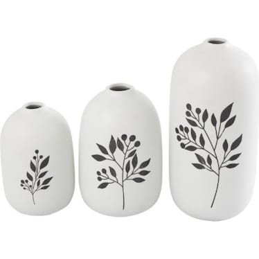 Set of 3 White and Black Leaf Ceramic Vases 6/7/10"H