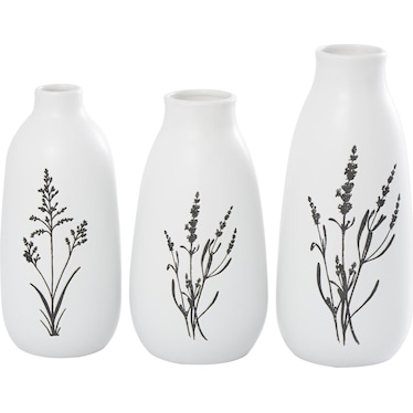 Set of 3 White with Black Flowers Ceramic Vases 11/12/13"H