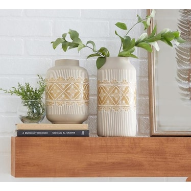 Set of 2 Beige and Yellow Ceramic Vases 9/11"H