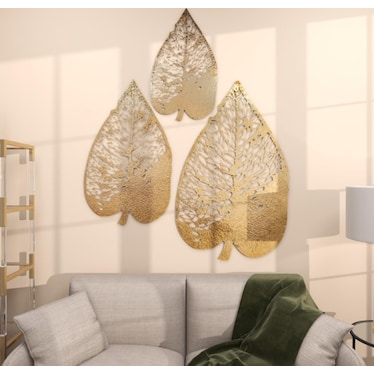 Set of 3 Gold Metal Leaves Wall Décor 28/36/45"H