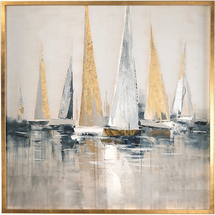 Silver and Gold Sailboats Handpainted Canvas 52"W x 52"H