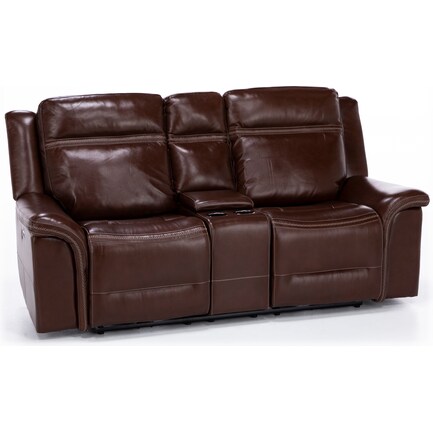Copper Leather Power Headrest Power Reclining Console Loveseat